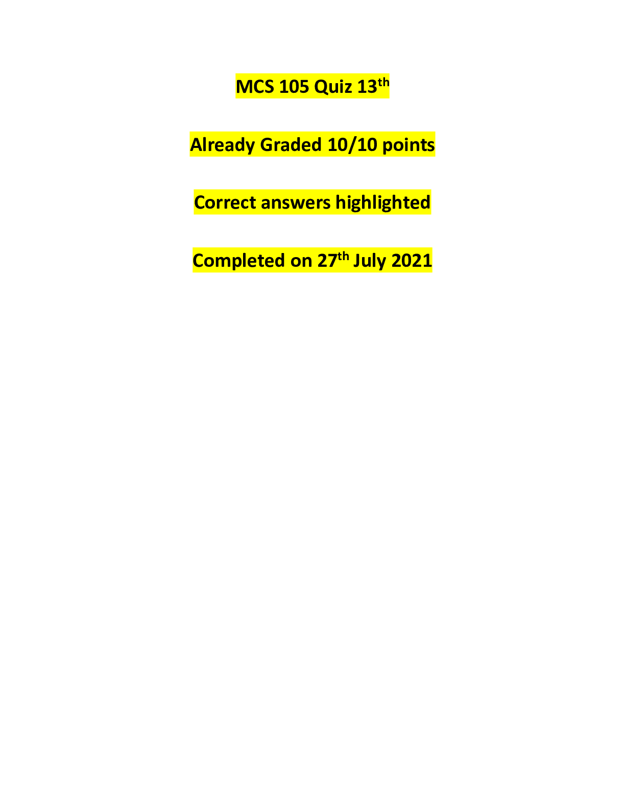 Preview image for MCS 105 Quiz 13TH (Completed with a score of 10/10 points)